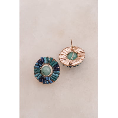 Brinco com pedra natural jade Amazonita e vidrilhos azuis folheado em ouro 18k  202170000000021