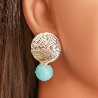 Brinco com pedra natural jade azul turquesa folheado em ouro 18k 202170000000059