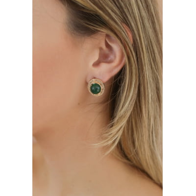 Brinco com pedra natural jade esmeralda folheado em ouro 18k