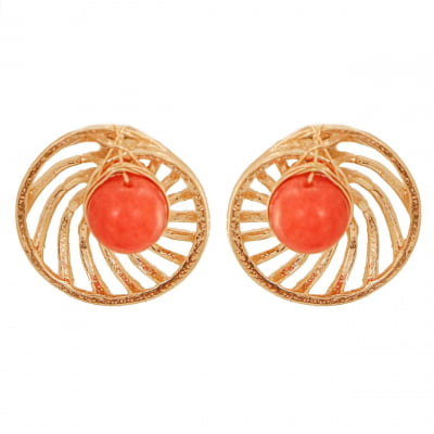 Brinco com pedra natural jade laranja folheado em ouro 18K