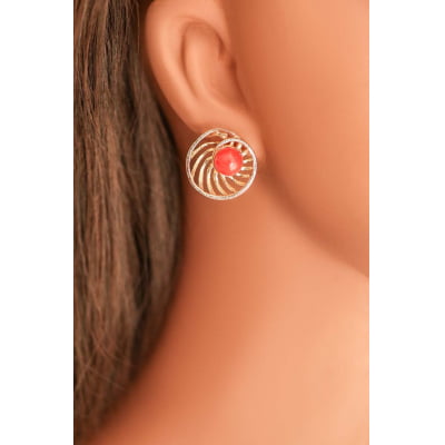 Brinco com pedra natural jade laranja folheado em ouro 18K