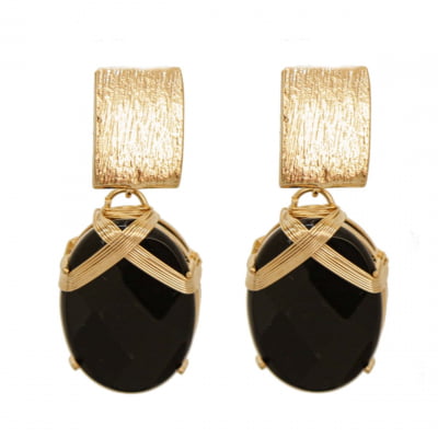 Brinco com pedra natural jade preta folheado em ouro 18K