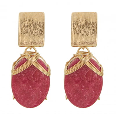 Brinco com pedra natural jade rubi vinho folheado em ouro 18K  
