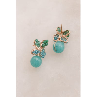 Brinco com pedra natural jade turquesa e cristais em tons de azul folheado em ouro 18K  