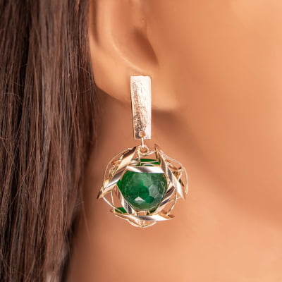 Brinco com pedra natural jade verde esmeralda folheado em ouro 18k 202150000000026