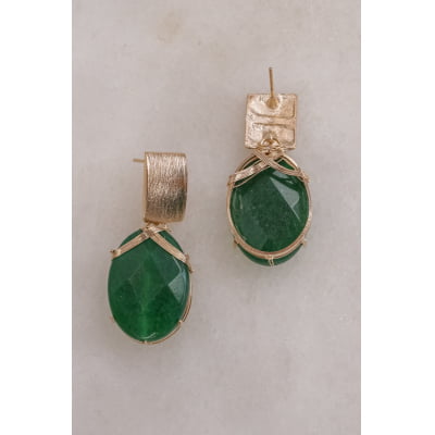 Brinco com pedra natural jade verde esmeralda folheado em ouro 18K  202150000000053