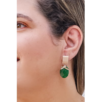 Brinco com pedra natural jade verde esmeralda folheado em ouro 18K  202150000000053