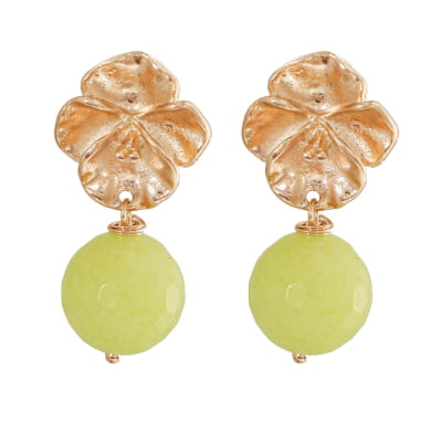 Brinco com Pedra natural Jade verde limão, folheado em ouro 18k 