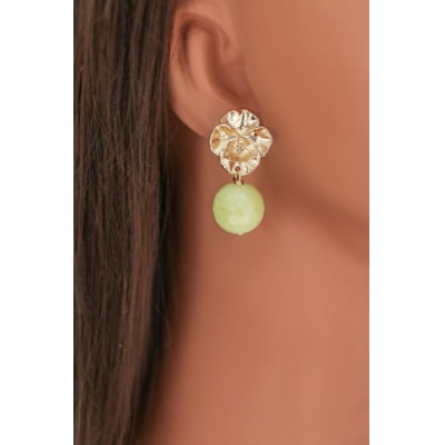 Brinco com Pedra natural Jade verde limão, folheado em ouro 18k 