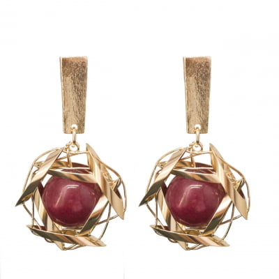 Brinco com pedra natural jade vinho  folheado em ouro 18K  