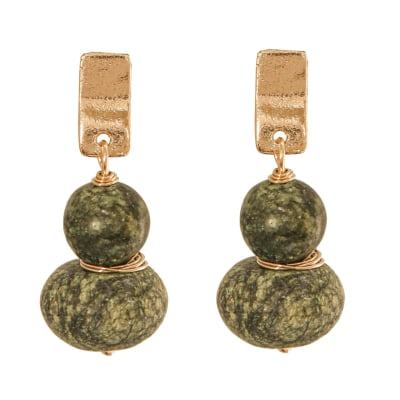 Brinco com Pedra natural Jaspe verdemilitar, folheado em ouro 18k