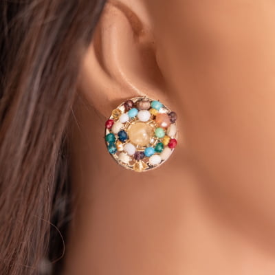 Brinco com pedra natural quartzo rutilado e cristais  folheado em ouro 18k 202110000000081