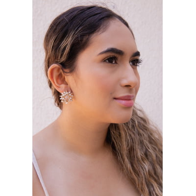 Brinco bordado a mão com Pérola ABS, cristal e strass folheado em ouro 18k  202140000000115