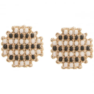 Brinco com contas de vidro preto e branco folheado em ouro 18k 