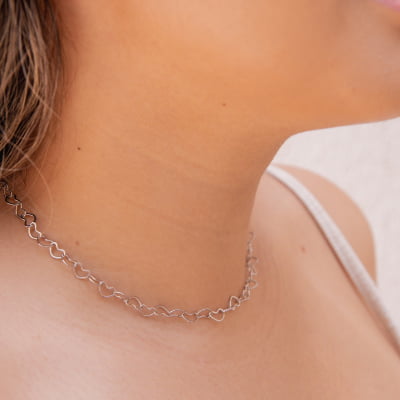 Colar curto elos de coração folheado prata 502220000000023