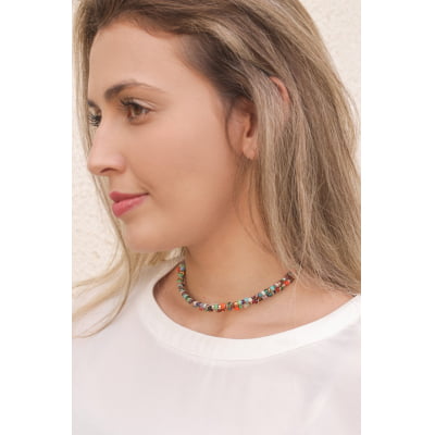 Colar mix de cristais, contas de vidro, vidrilhos em tons colorido, folheado ouro 18k - 502110000000058