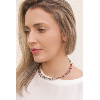 Colar mix de cristais, contas de vidro, vidrilhos em tons colorido, folheado ouro 18k - 502110000000058