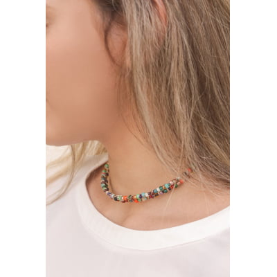Colar mix de cristais, contas de vidro, vidrilhos em tons colorido, folheado ouro 18k - 502110000000058