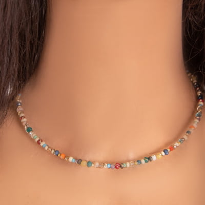 Coleira choker com pedras naturais, cristais e contas de vidros folheado em ouro 18k 502110000000002