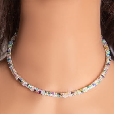 Coleira choker com vidrilho candy colors  folheado em ouro 18k 