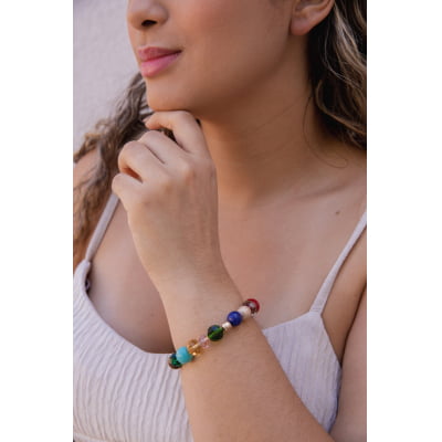 Pulseira bordada a mão com cristais e pedras naturais  folheado em ouro 18k 402110000000055