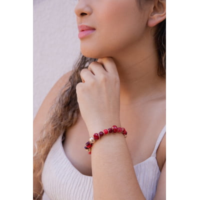 Pulseira bordada a mão com cristais vermelhos e pedras naturais folheado em ouro 18k 402180000000009 Pulseira bordada a mão com cristais vermelhos e pedras naturais folheado em ouro 18k 402180000000009