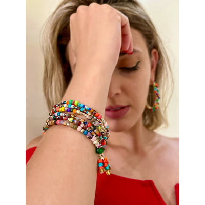 Pulseira com contas de vidro e cristais coloridos, folheado em ouro 18k 402110000000022