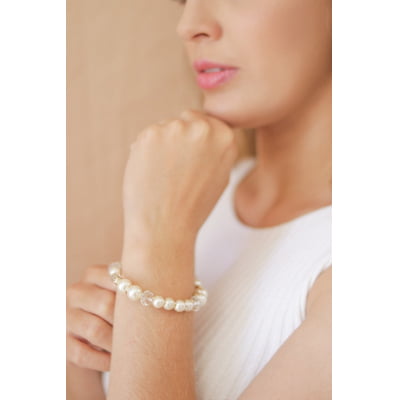 Pulseira com cristais transparentes e pérola abs, folheado em ouro 18k 402140000000002