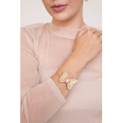 Bracelete borboleta com cristais nude e pérola de agua doce folheado em ouro 18k  